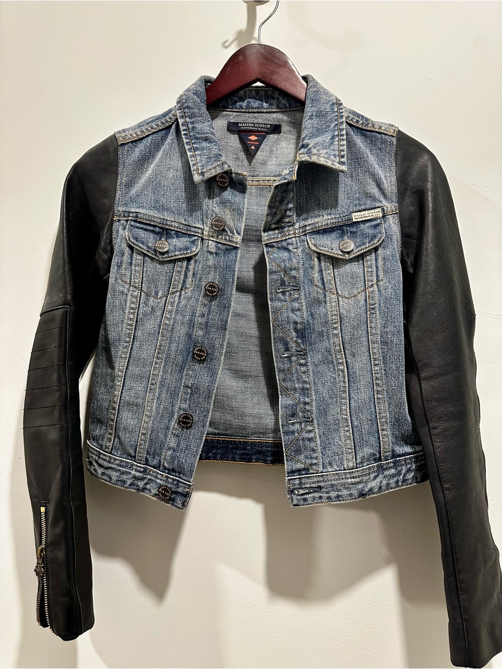 Scotch & Soda Blue Denim Jacket with Black Leather Sleeves